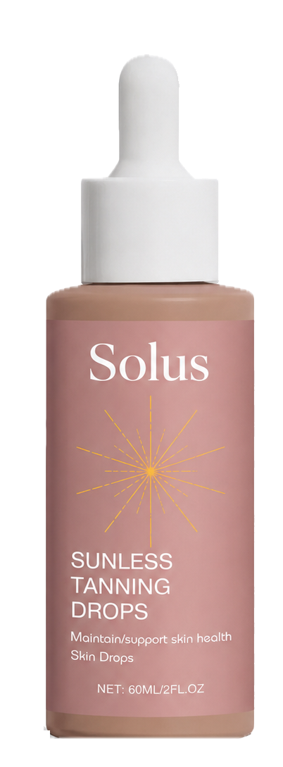 An amber bottle of Solus Tanning Drops, watermelon flavor, against a white background.
