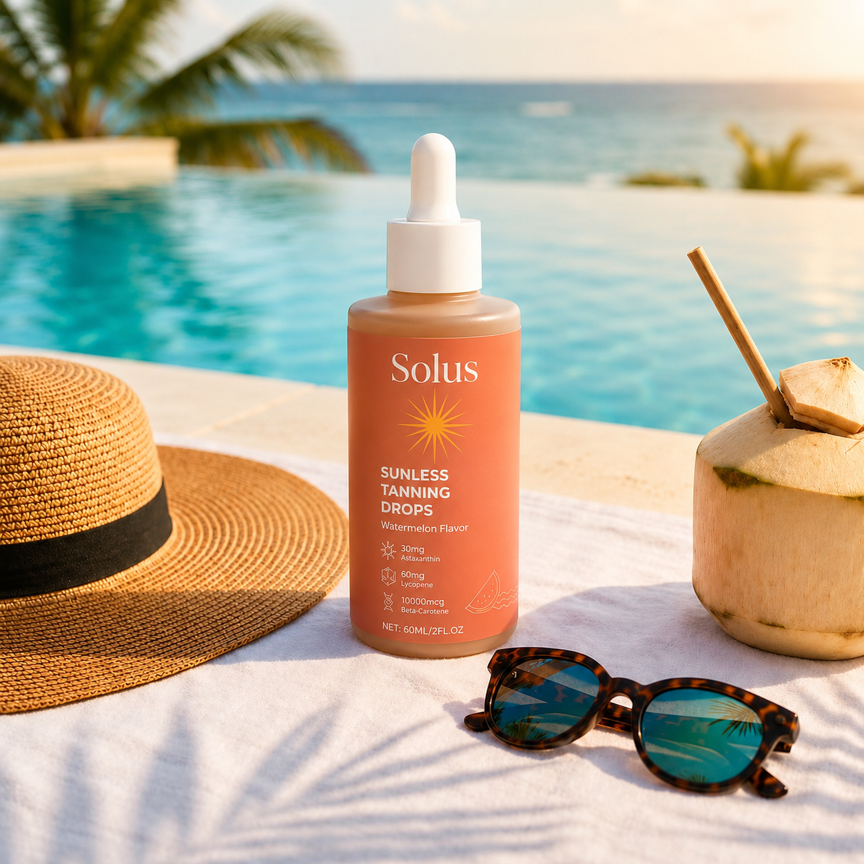 A bottle of tanning drops on a towel by a pool with a hat, sunglasses, and a coconut.